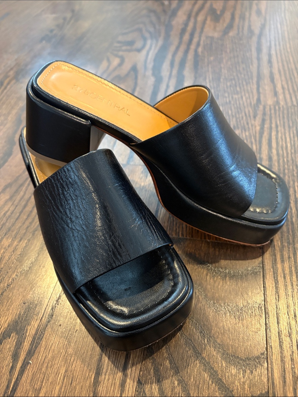 275 Central Black Leather Platform Slide Mules 6.5 36 Italy
